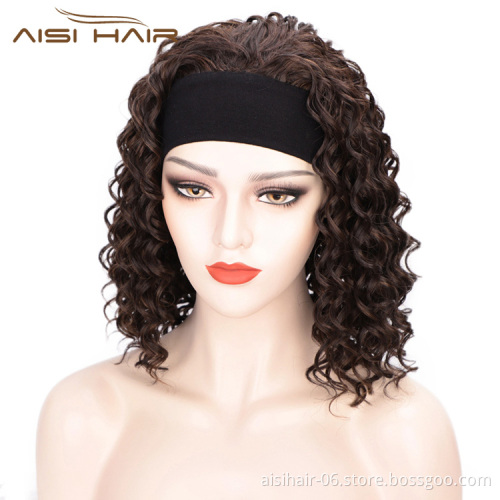 Aisi Hair Short Heat Resistant Synthetic Curly Wigs Half Ladies 3/4 Wig With Headband Brown Wigs Long Straight for Women